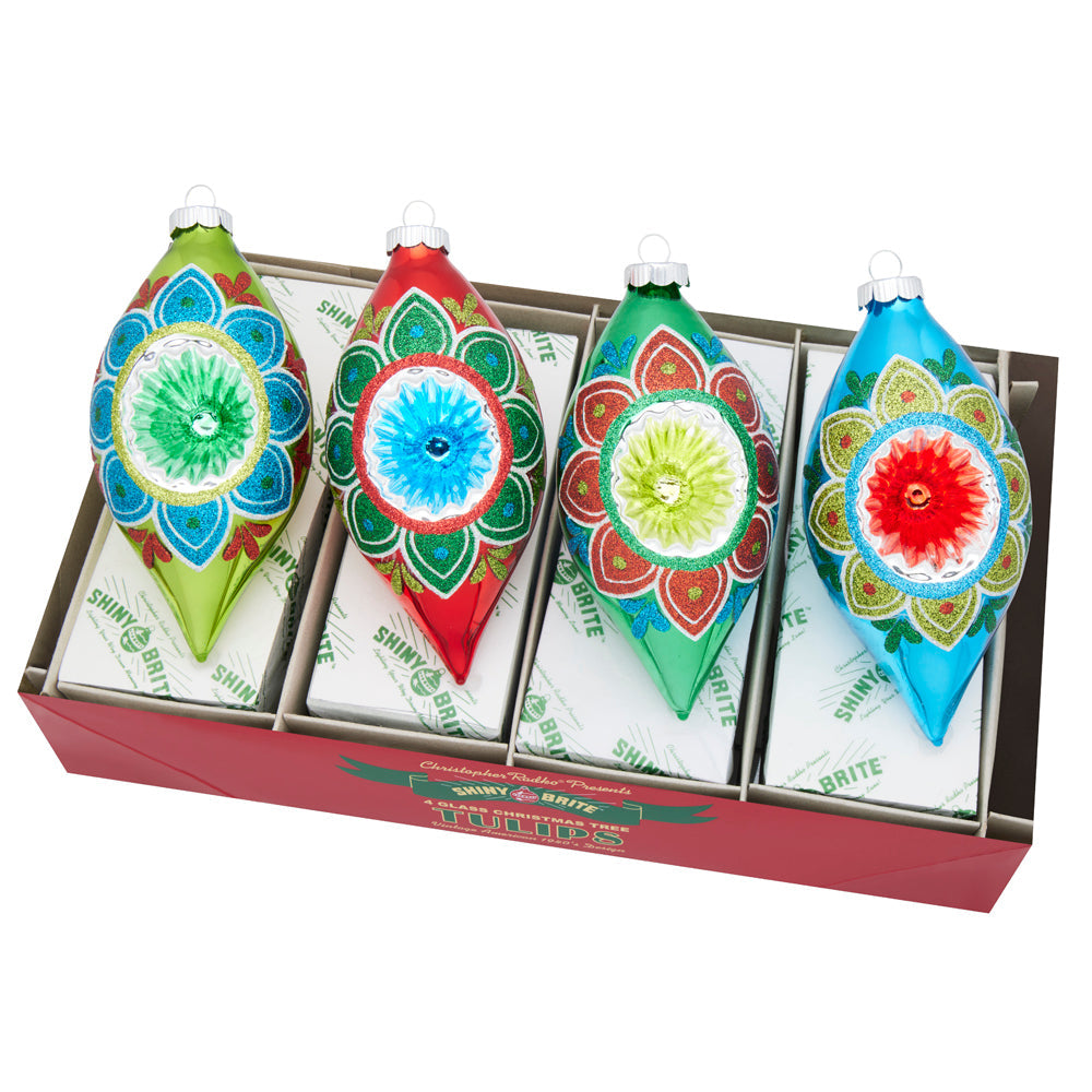 Holiday Splendor Reflector Tulips Ornaments Set of 4 7"