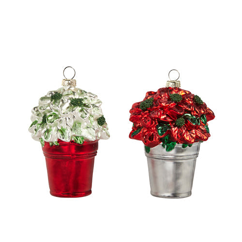 Bucket of Poinsettias Ornament 4" Set of 2