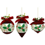 Ribboned Holly and Berry Ornament 4.5" Set of 3 Assorted