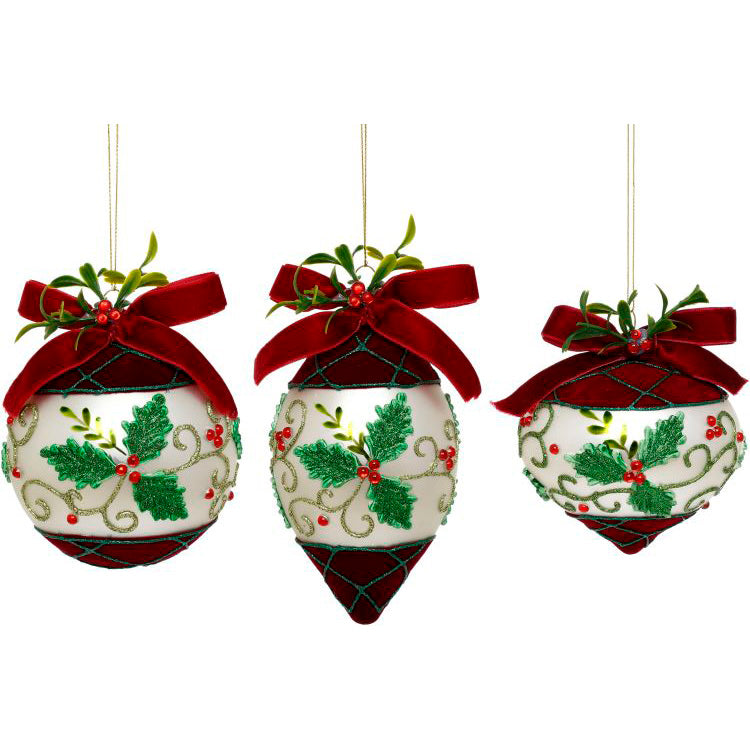 Ribboned Holly and Berry Ornament 4.5" Set of 3 Assorted
