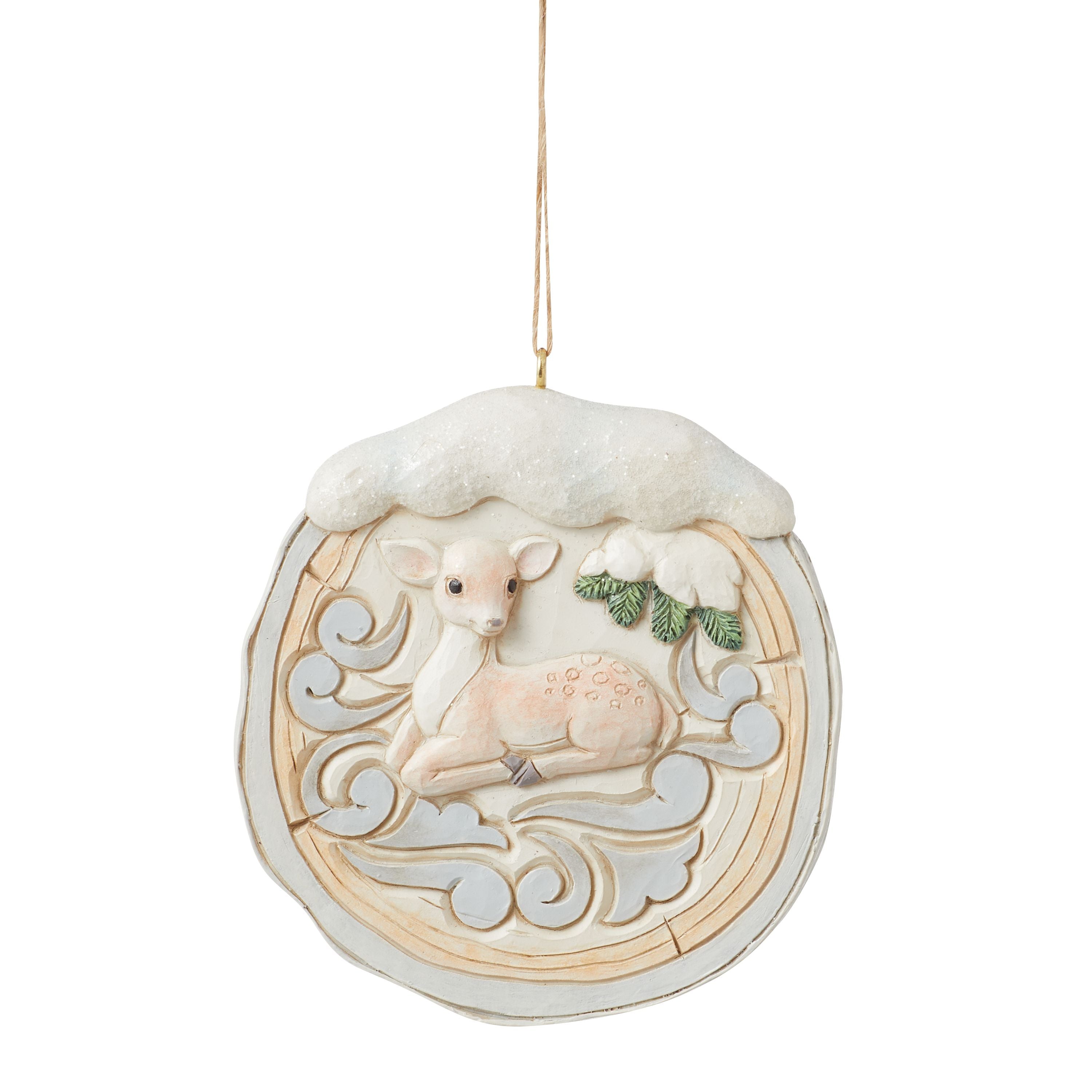 White Woodland Birch Bark Fawn Scene Disk Ornament