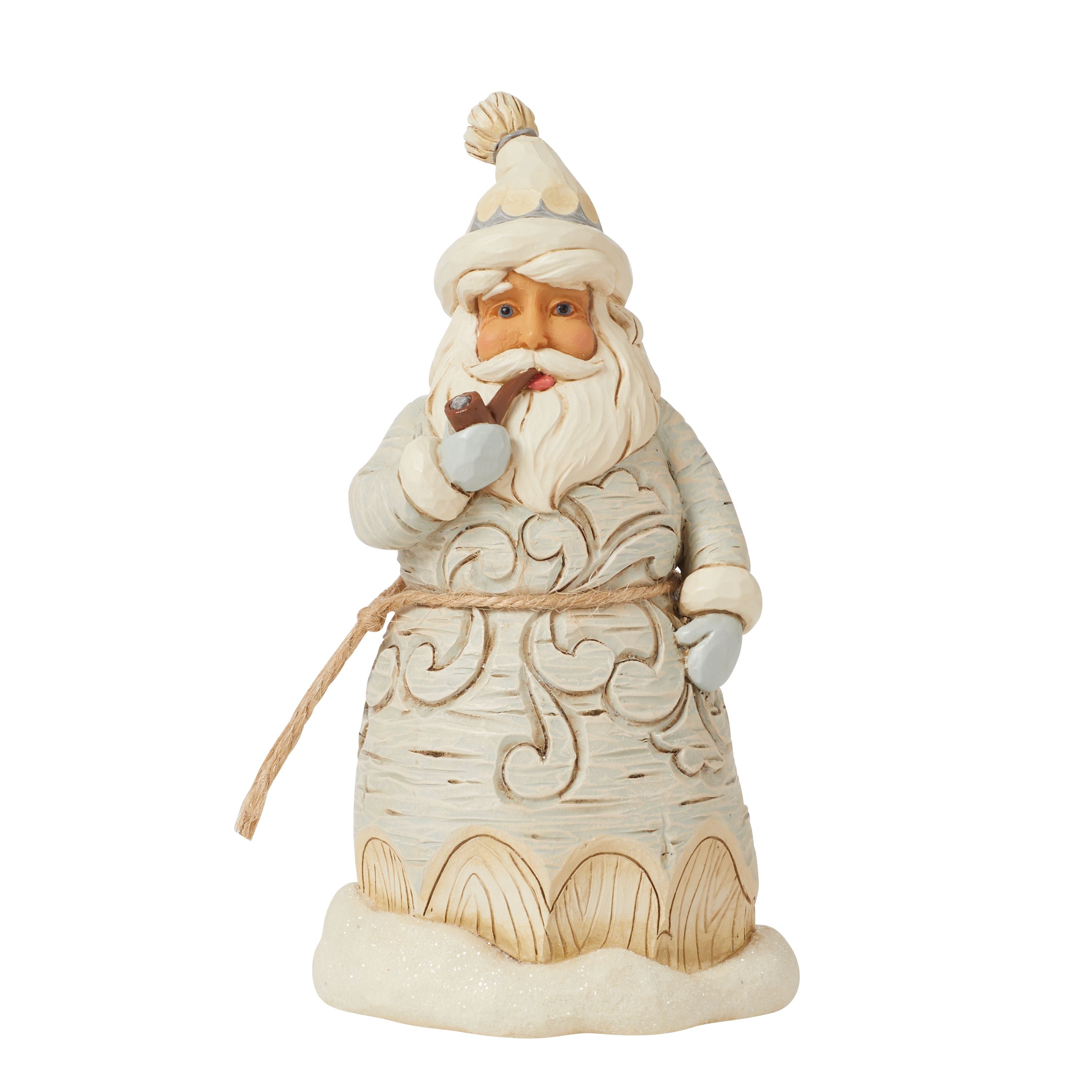 Forest Snow Day White Woodland Carved Santa with Pipe