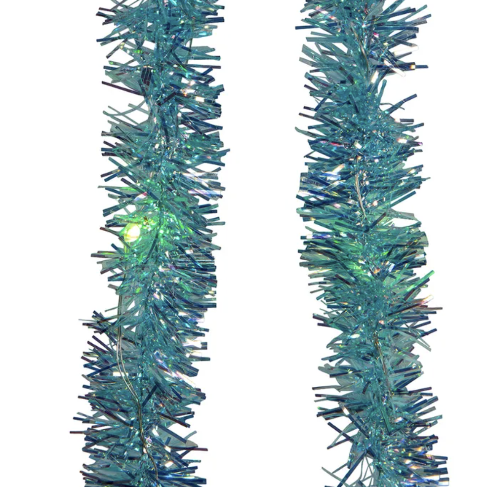 Teal Iridescent Tinsel With Green Superbright LED Cascade 100 Light Set 6.5'