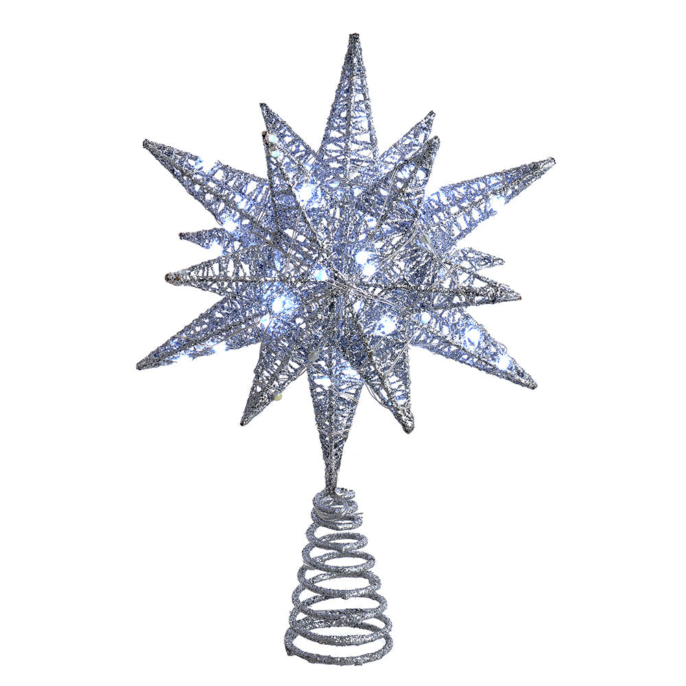 Pre-Lit LED Silver Starburst Tree Topper 11"