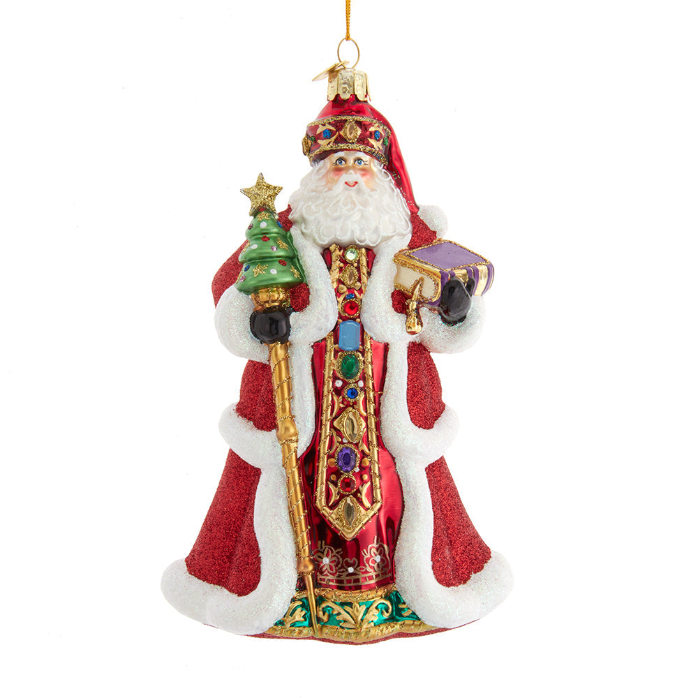 Bellissimo Red Santa with Staff and Book Ornament 7"