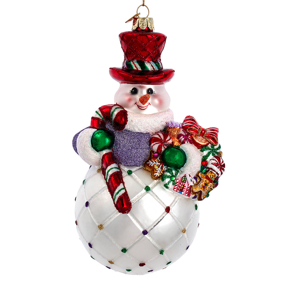 Bellissimo Snowman with Candycane and Wreath Ornament 7"