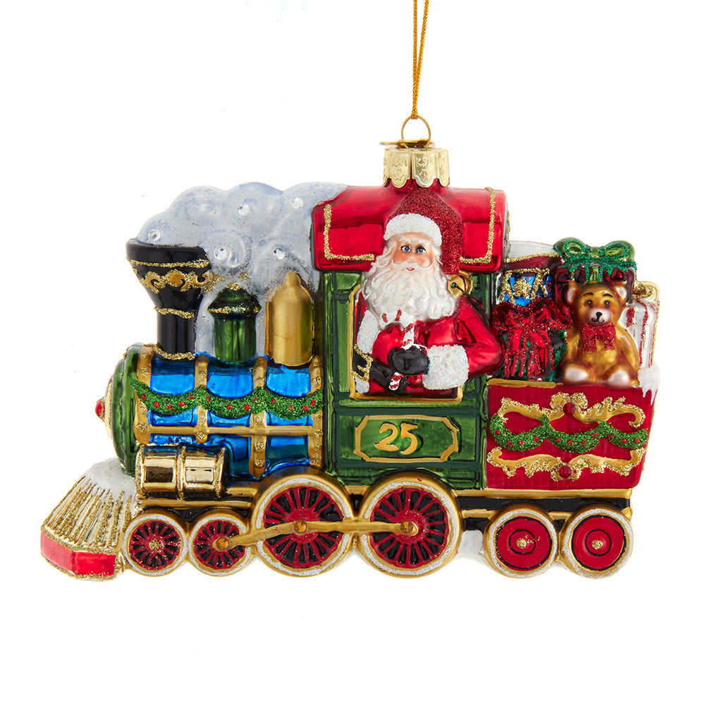 Bellissimo Santa with Train Glass Ornament 6"