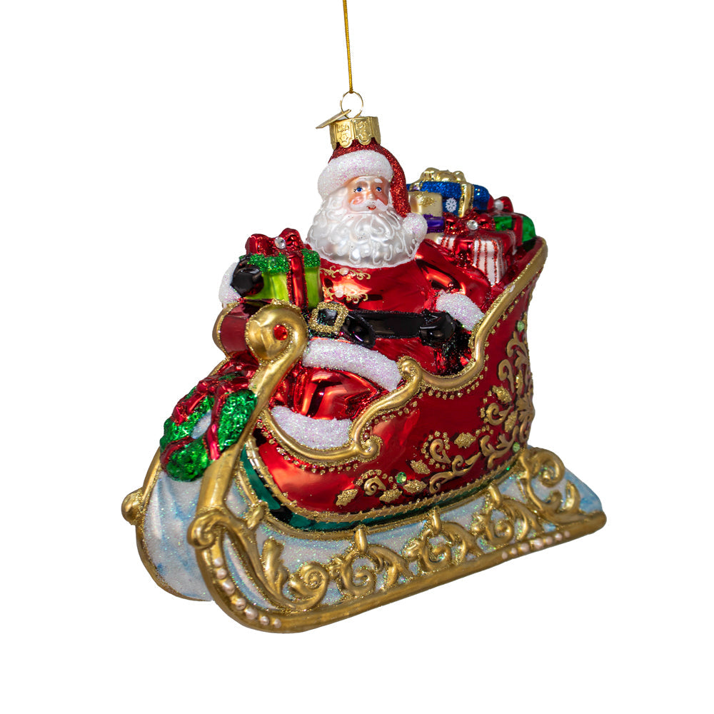 Bellissimo Santa In Sleigh Glass Ornament 6.25"