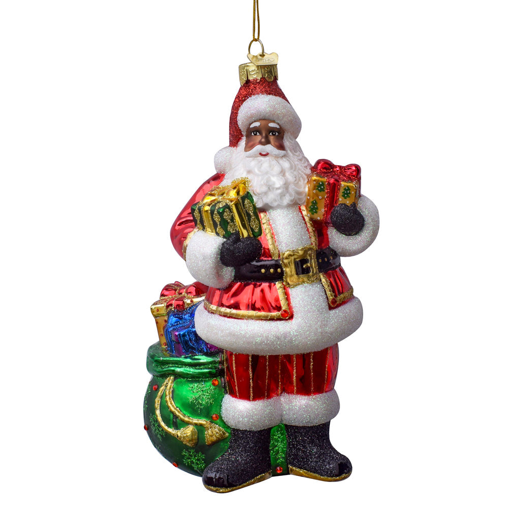 Bellissimo African American Santa with Gifts Glass Ornament 7"