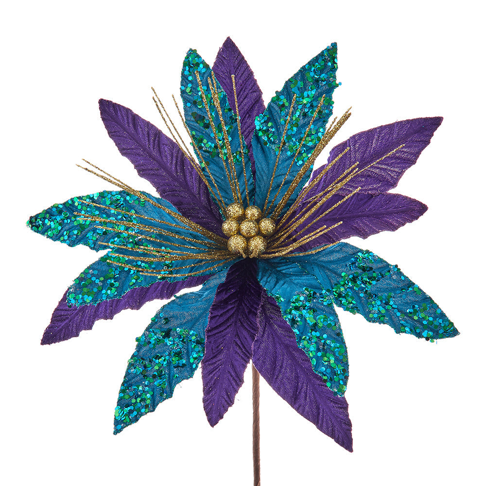 Purple, Teal and Gold Velvet Poinsettia Pick 14"