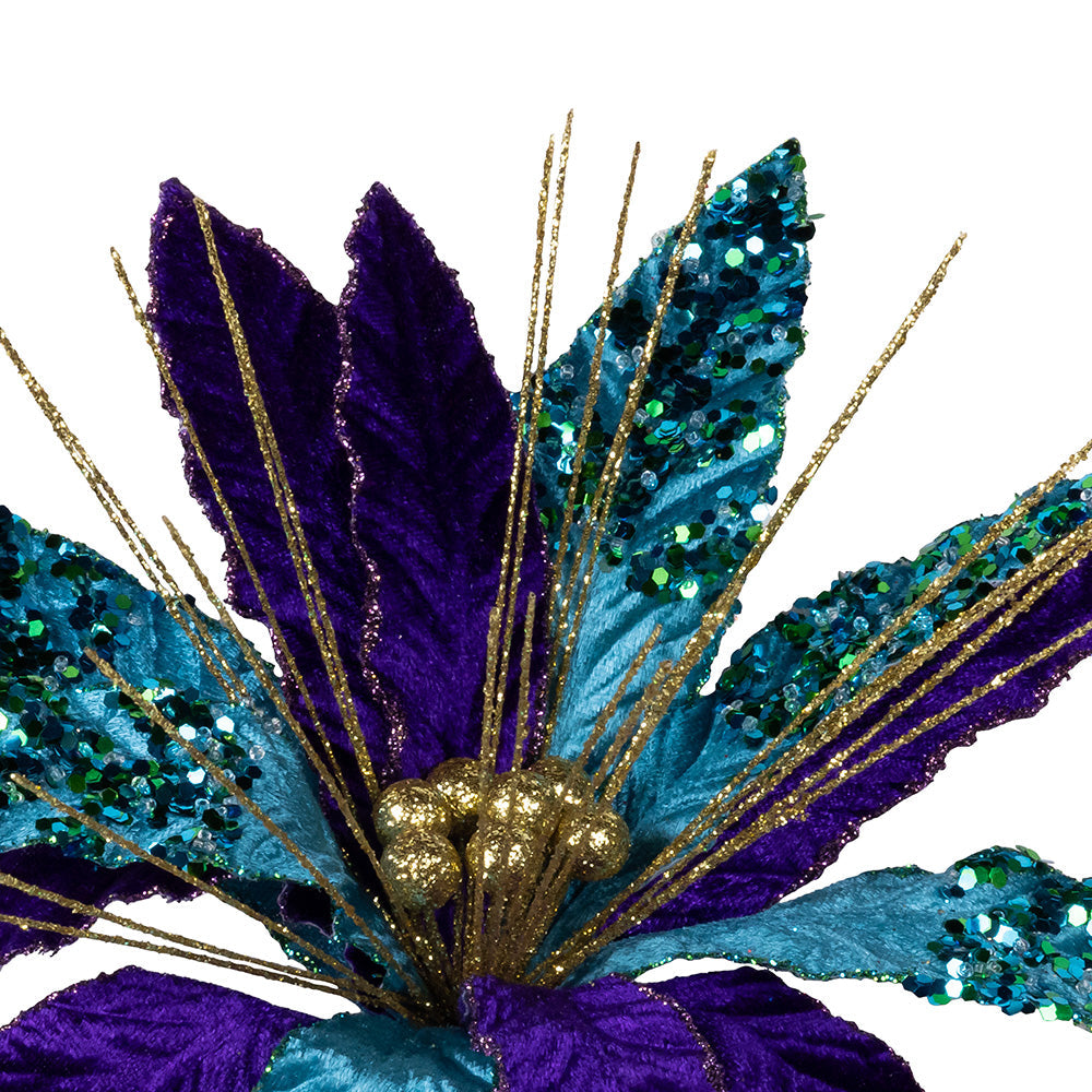 Purple, Teal and Gold Velvet Poinsettia Pick 14"