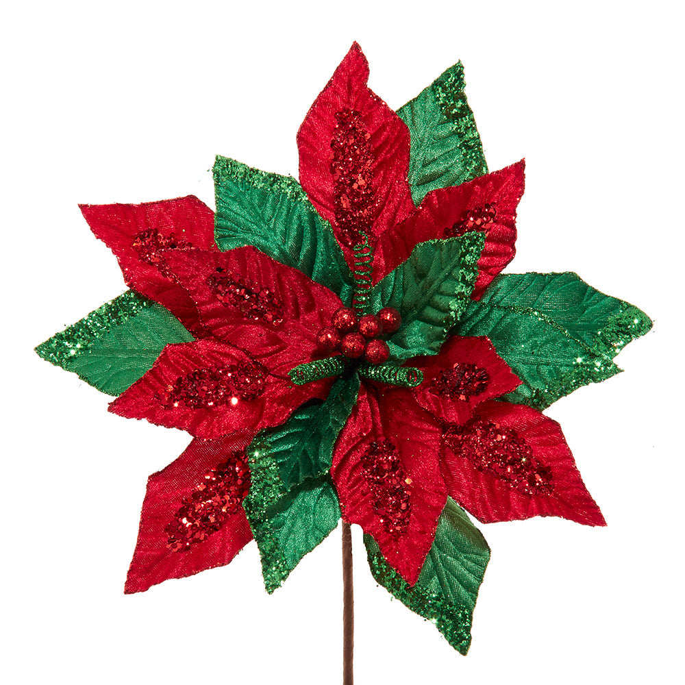 Red and Green Velvet Poinsettia Pick 14"