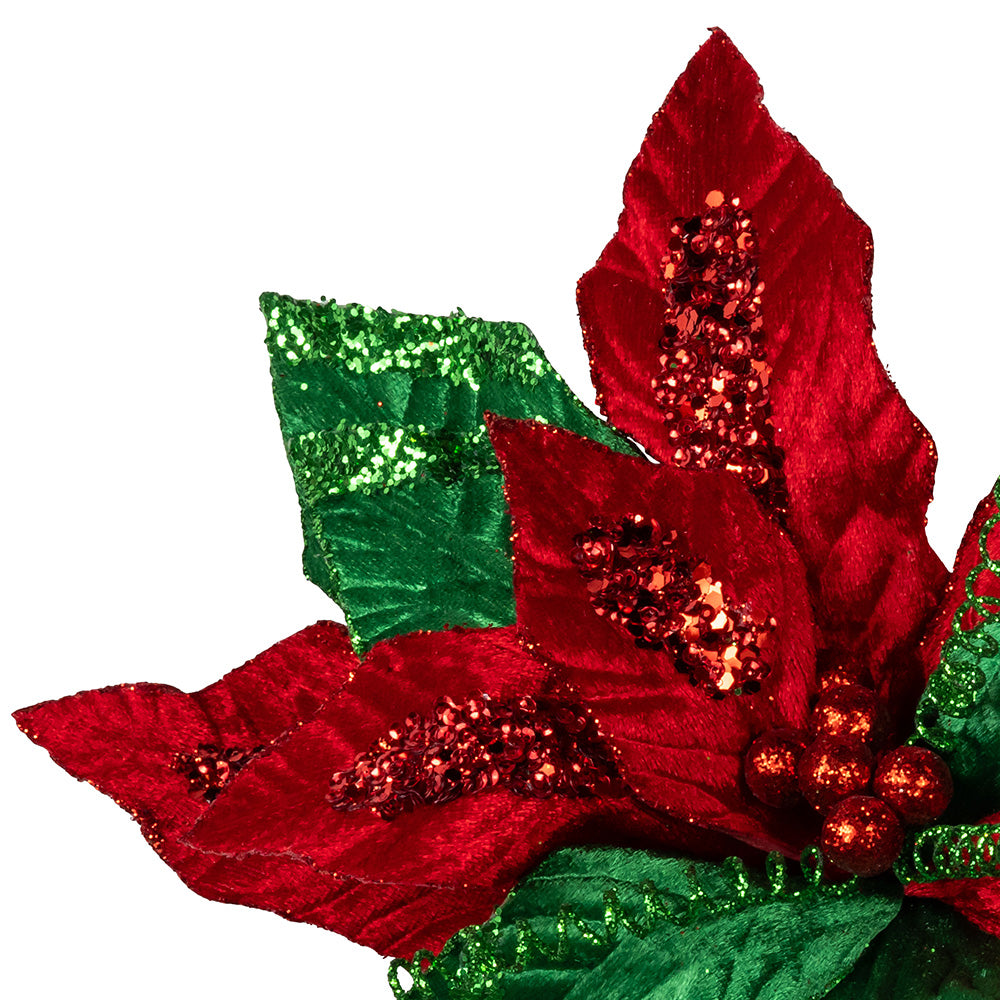 Red and Green Velvet Poinsettia Pick 14"