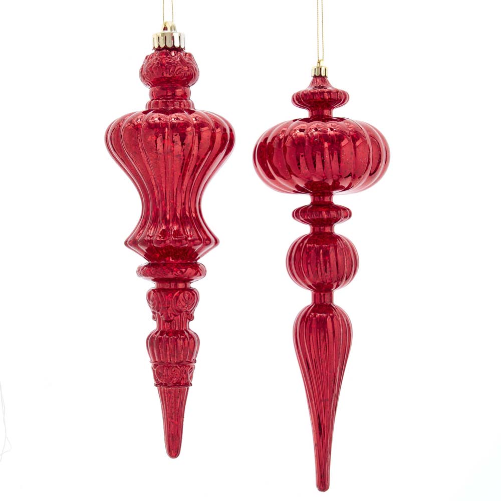 Shatterproof Red Distressed Finish Finial Ornament 12" Set of 2