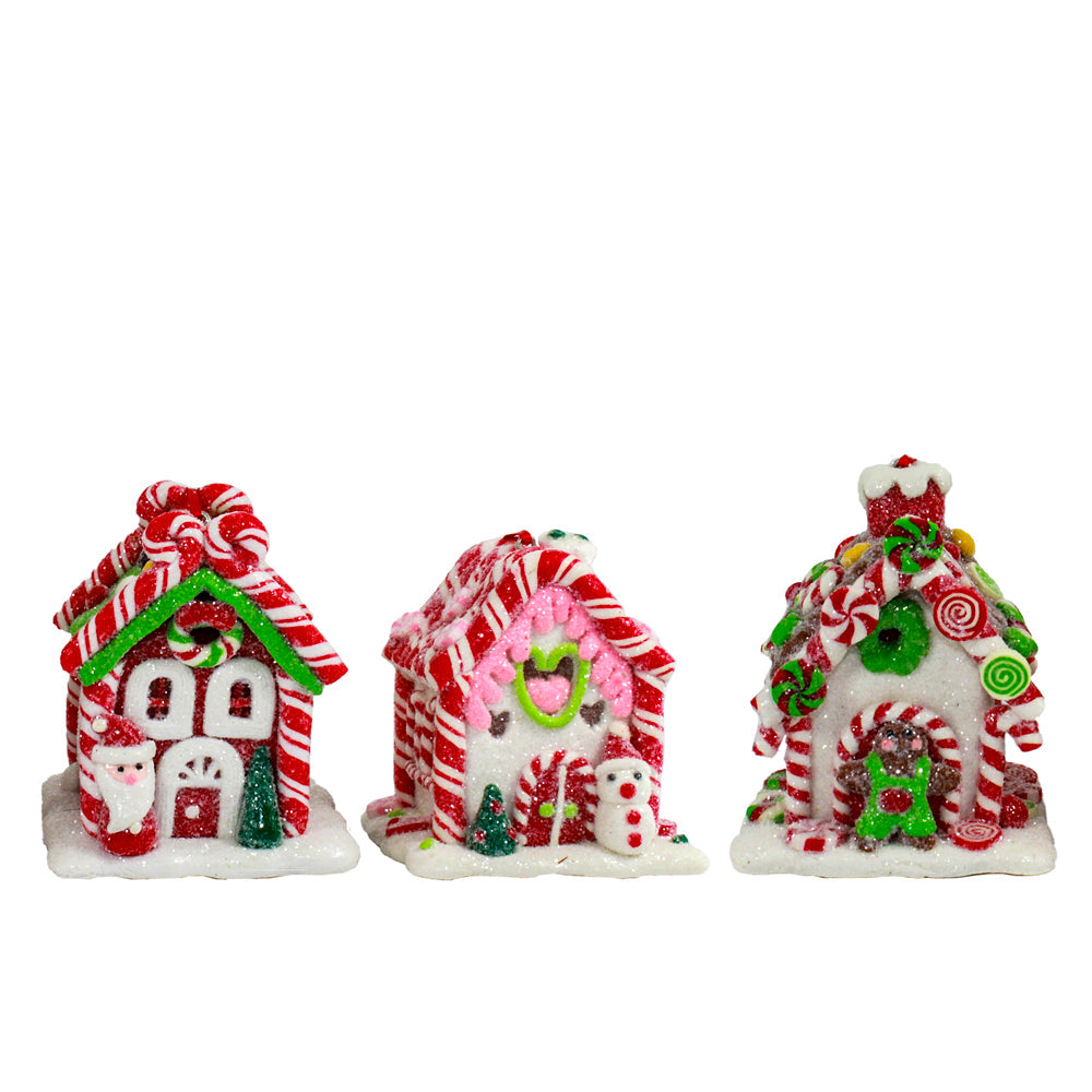 Mini Gingerbread LED Candy House Ornament 3.5" Set of 3