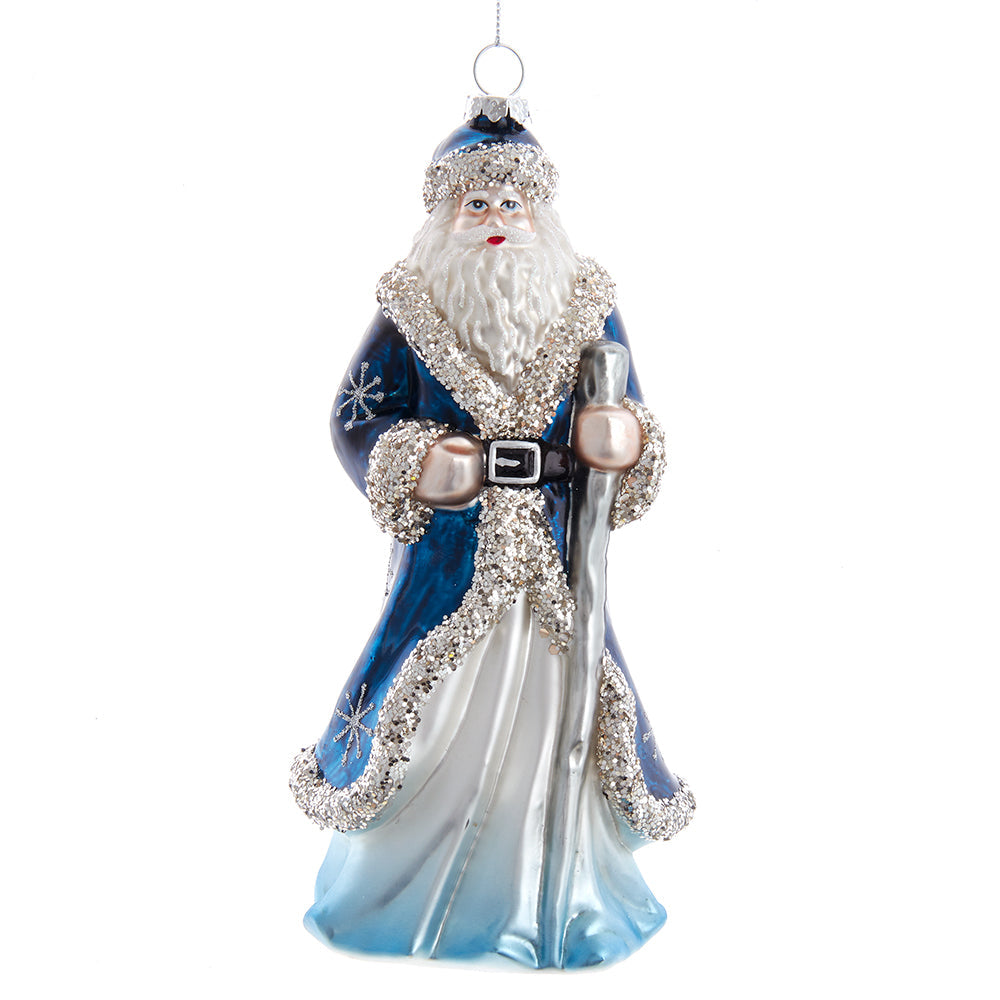 Blue Santa with Silver Glitter Trim Ornament 8.75"