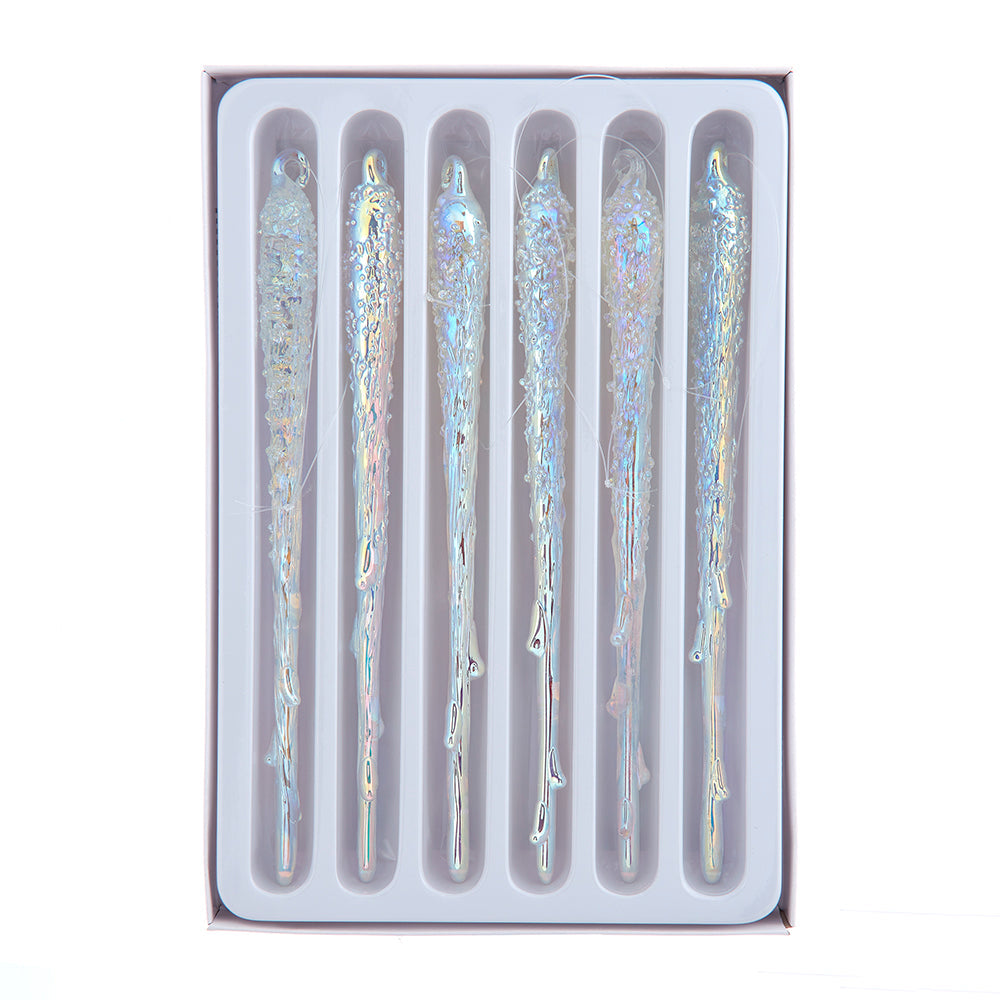 Iridescent Glass Icicle Ornaments 7" Set of 6