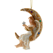 White and Gold Jeweled Angel On Moon Ornament 4.25"