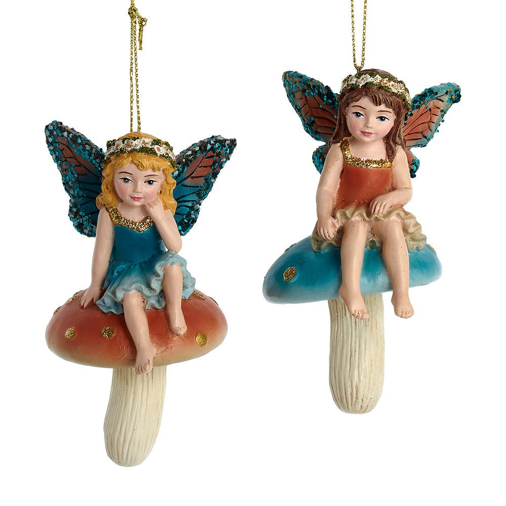 Teal and Copper Little Fairies On Mushrooms 4" Set of 2