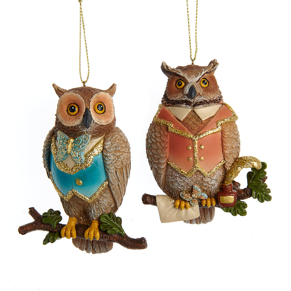 Copper and Teal Owls On Branches Wearing Vests 3.5" Set of 2