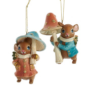 Copper and Teal Mouse Carrying Oversized Mushroom 3.5" Set of 2