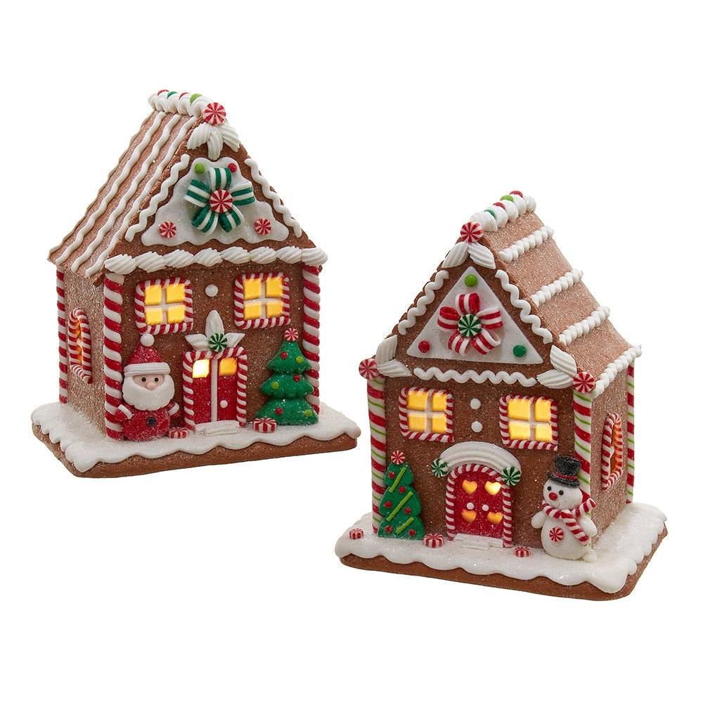 Santa & Snowman LED Gingerbread House 8" Set of 2