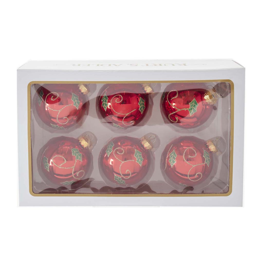 Holly Leaf Red Glass Ball 80mm Set of 6