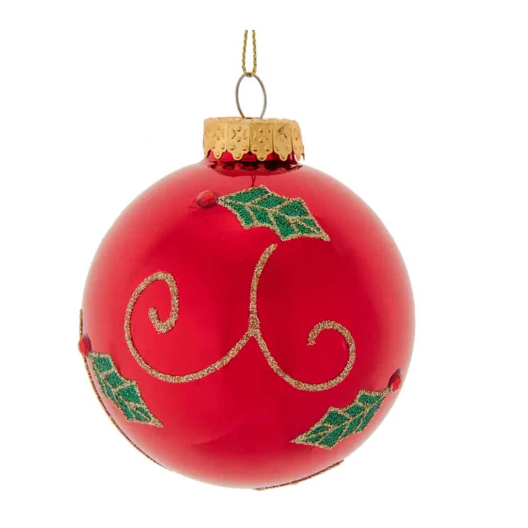 Holly Leaf Red Glass Ball 80mm Set of 6