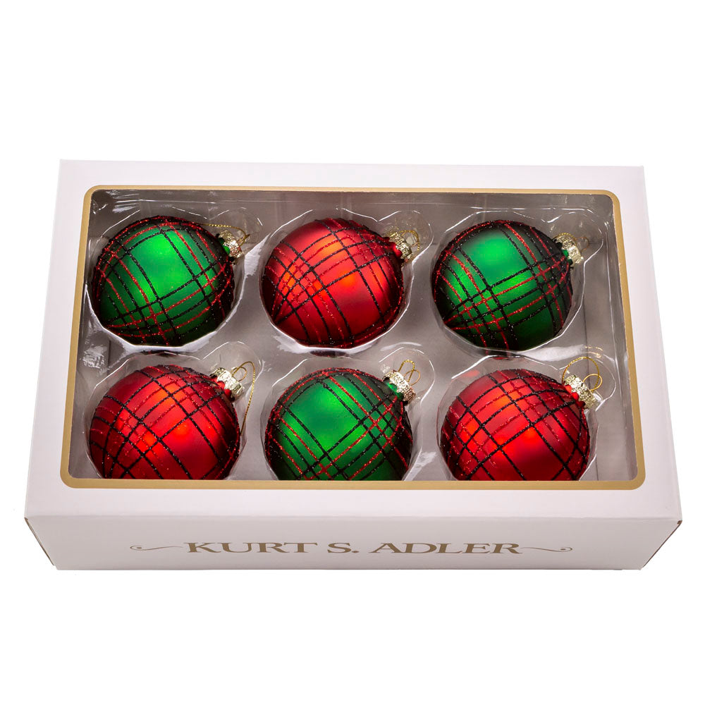 Red and Green Plaid Glittered Ball Ornaments 80mm Set of 6