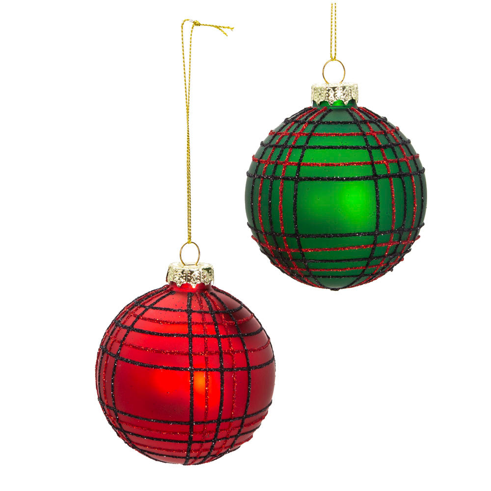 Red and Green Plaid Glittered Ball Ornaments 80mm Set of 6