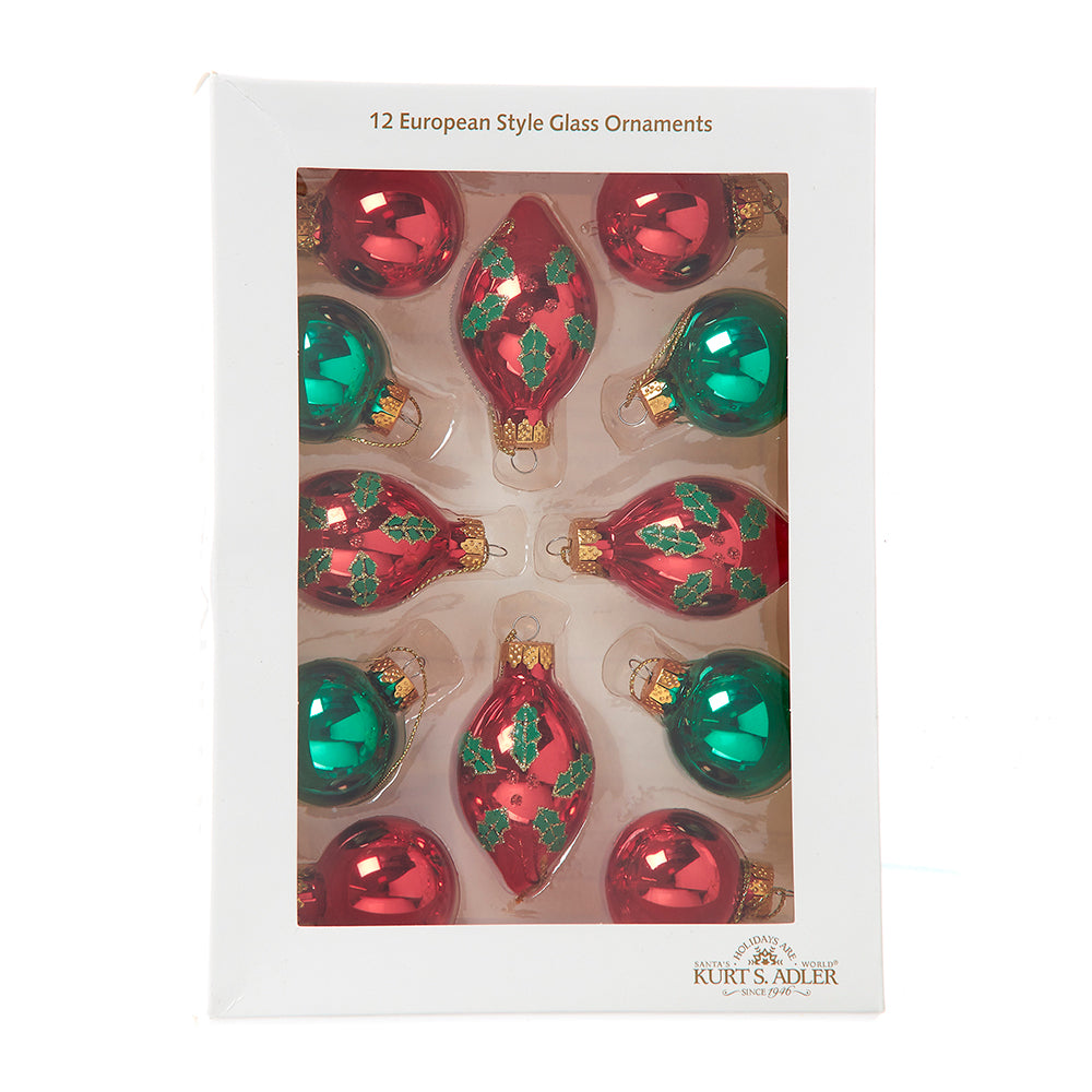 Green and Red with Holly Leaf Ornaments 35mm Set of 12