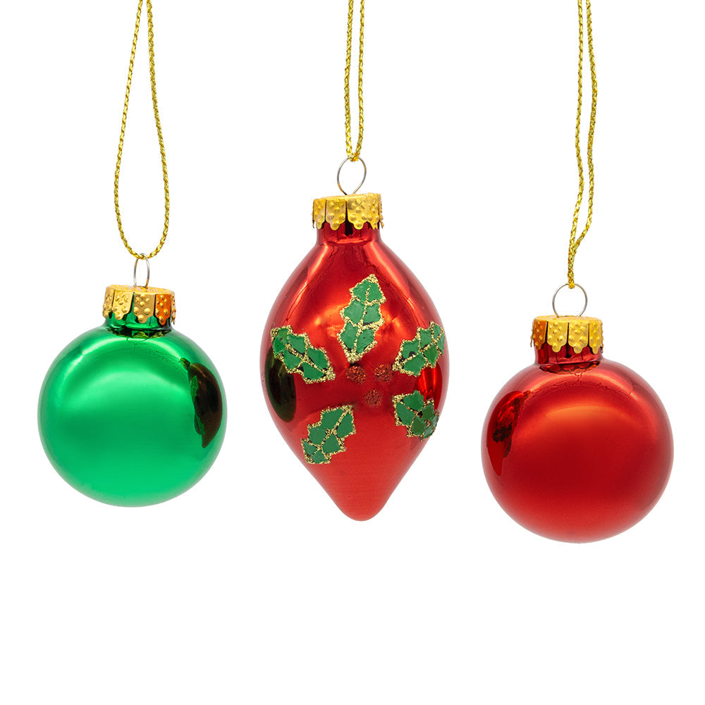 Green and Red with Holly Leaf Ornaments 35mm Set of 12