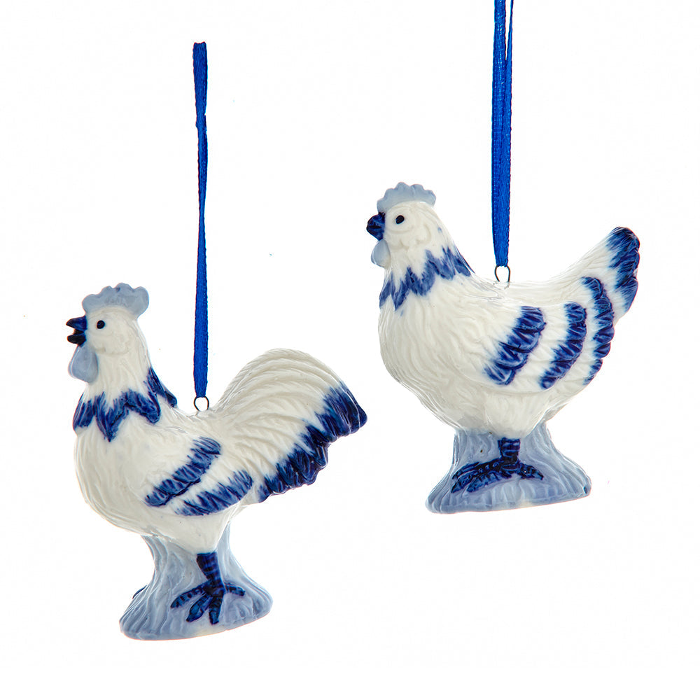 Delft Blue Cock and Hen Ornaments 2.75" Set of 2