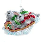 Bunnies On Sled Glass Ornament 4.75"