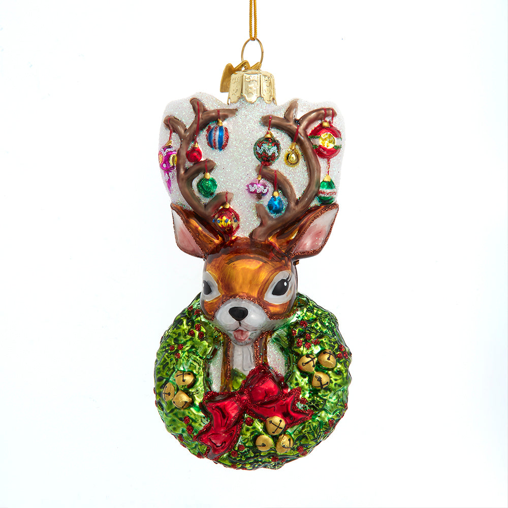 Traditional Deer with Ornaments and Wreath Glass Ornament 4.5"