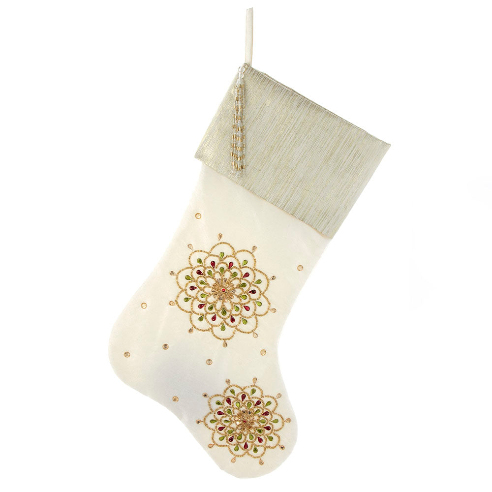 Multi Beaded Flower Ivory Embroidered Stocking 20"