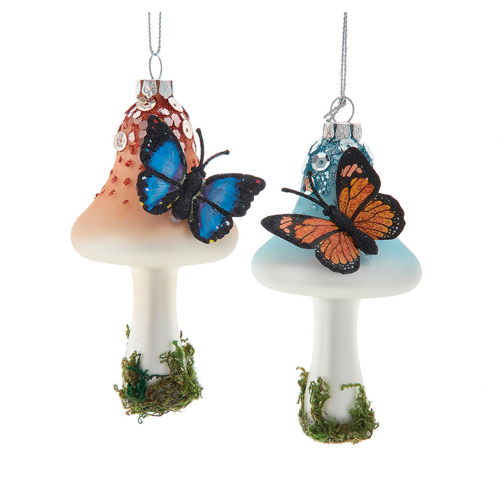 Butterfly On Mushroom Glass Ornaments 4.5" Set of 2