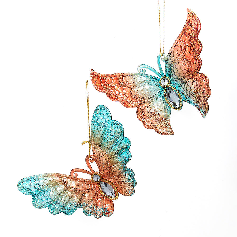Teal and Rose Butterfly Ornaments 4.25" Set of 2
