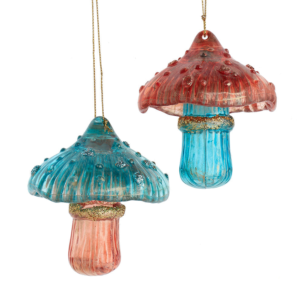 Teal and Desert Rose Mushroom Ornaments 3.6" Set of 2