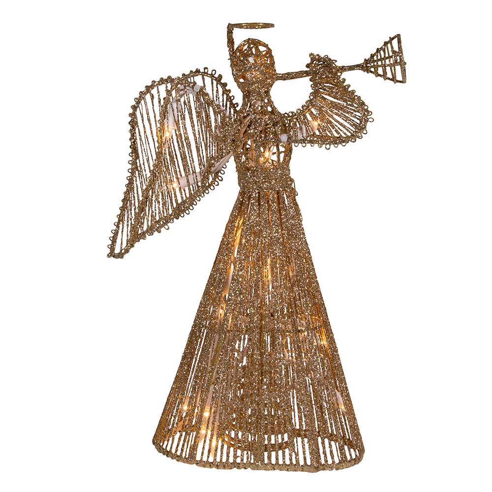 Gold Glittered Angel Tree Topper 20 Clear Lights 12"