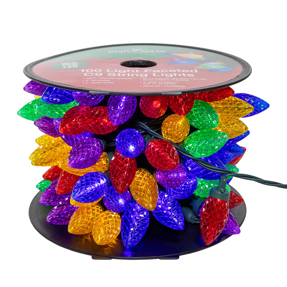 Multicolor LED Faceted C9 Green Wire String 100 Light Set 66'