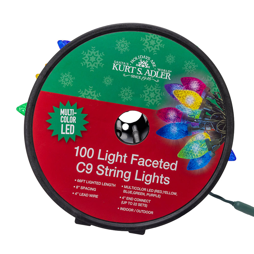 Multicolor LED Faceted C9 Green Wire String 100 Light Set 66'