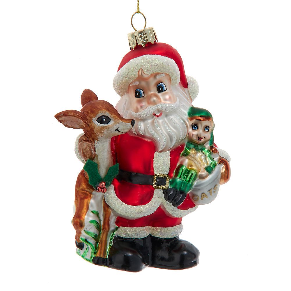 Santa with Reindeer Glass Ornament 4.754"