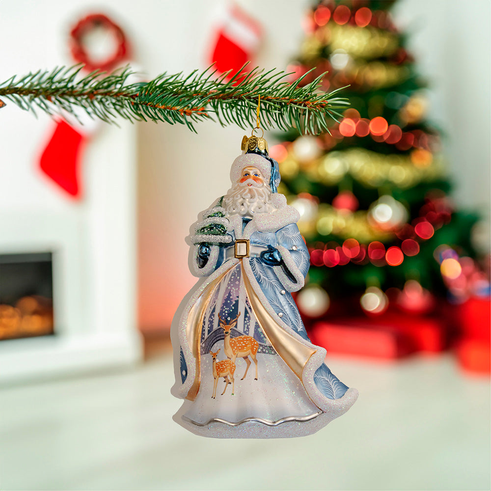 Bellissimo Santa With Tree and Deer Scene Ornament 7"