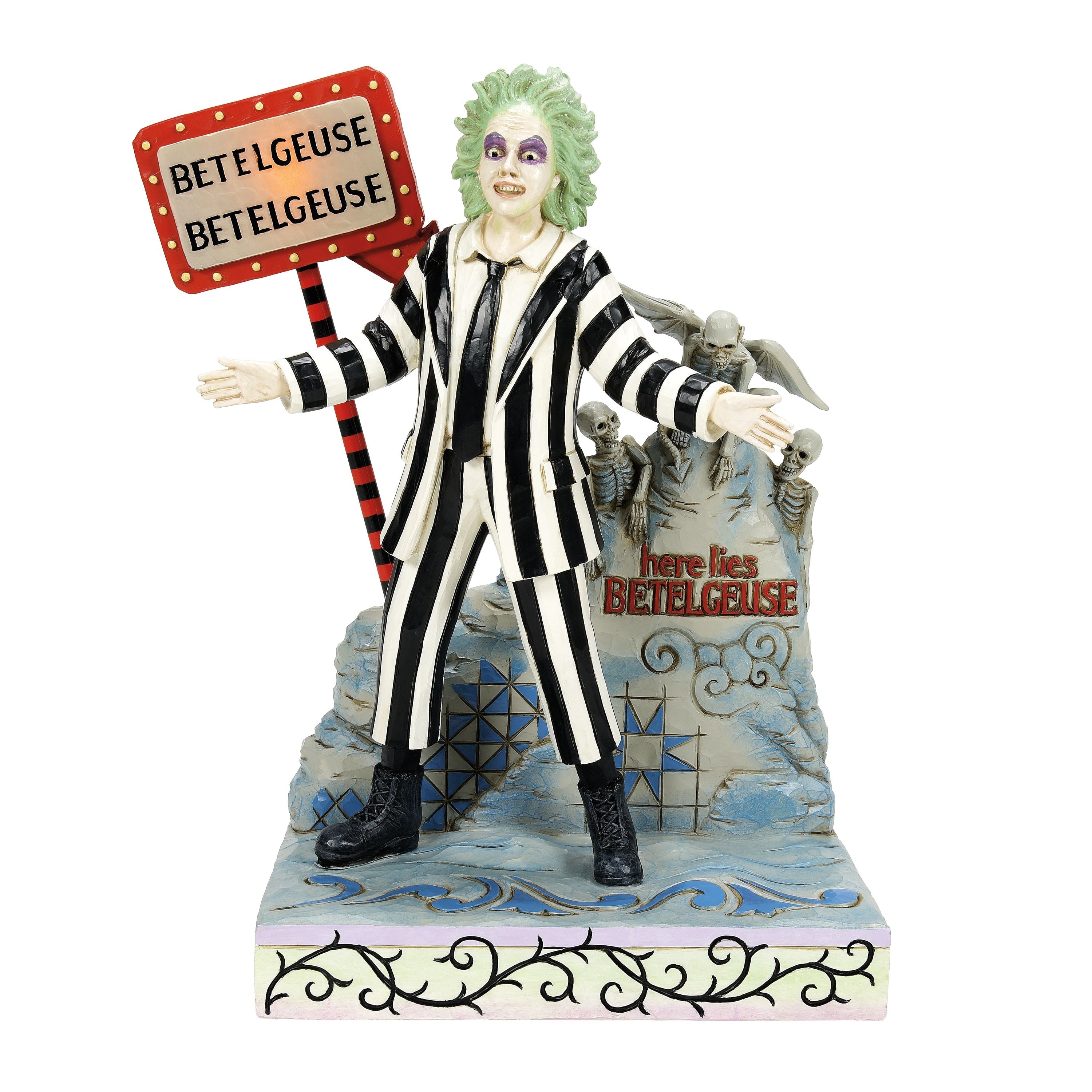 Here Comes Johnny!! Beetlejuice with LED Sign and Gravestone