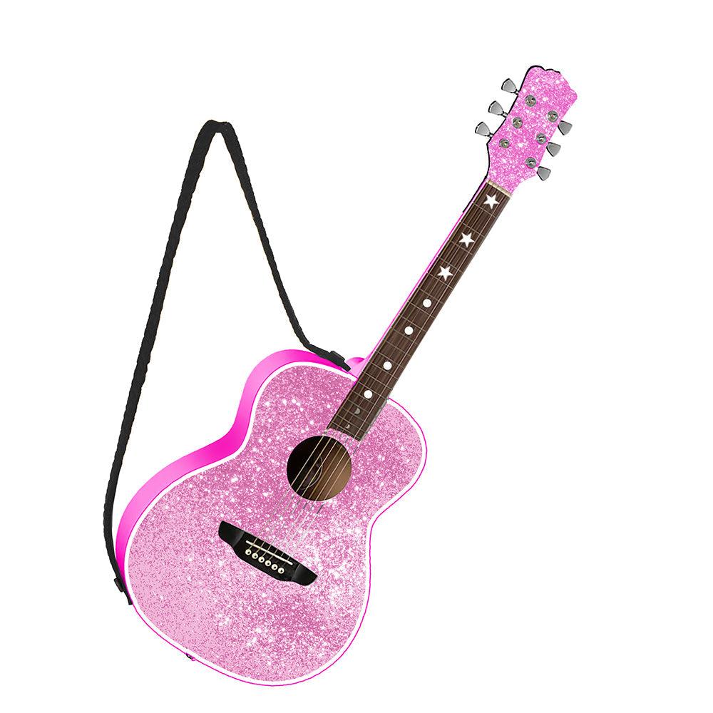 Pink Glittered Acoustic Guitar with Strap Ornament 4.5"