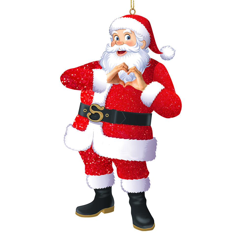 Red Glittered Santa Makes a Heart for You Ornament 4"
