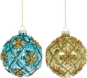 Aqua and Gold Glitter Harlequin Ornament 4 Inches Set of 2
