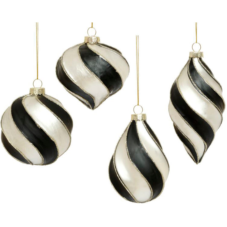 Black and White Classic Stripe Swirl Ornaments 3 to 4.5 Inches Set of 4