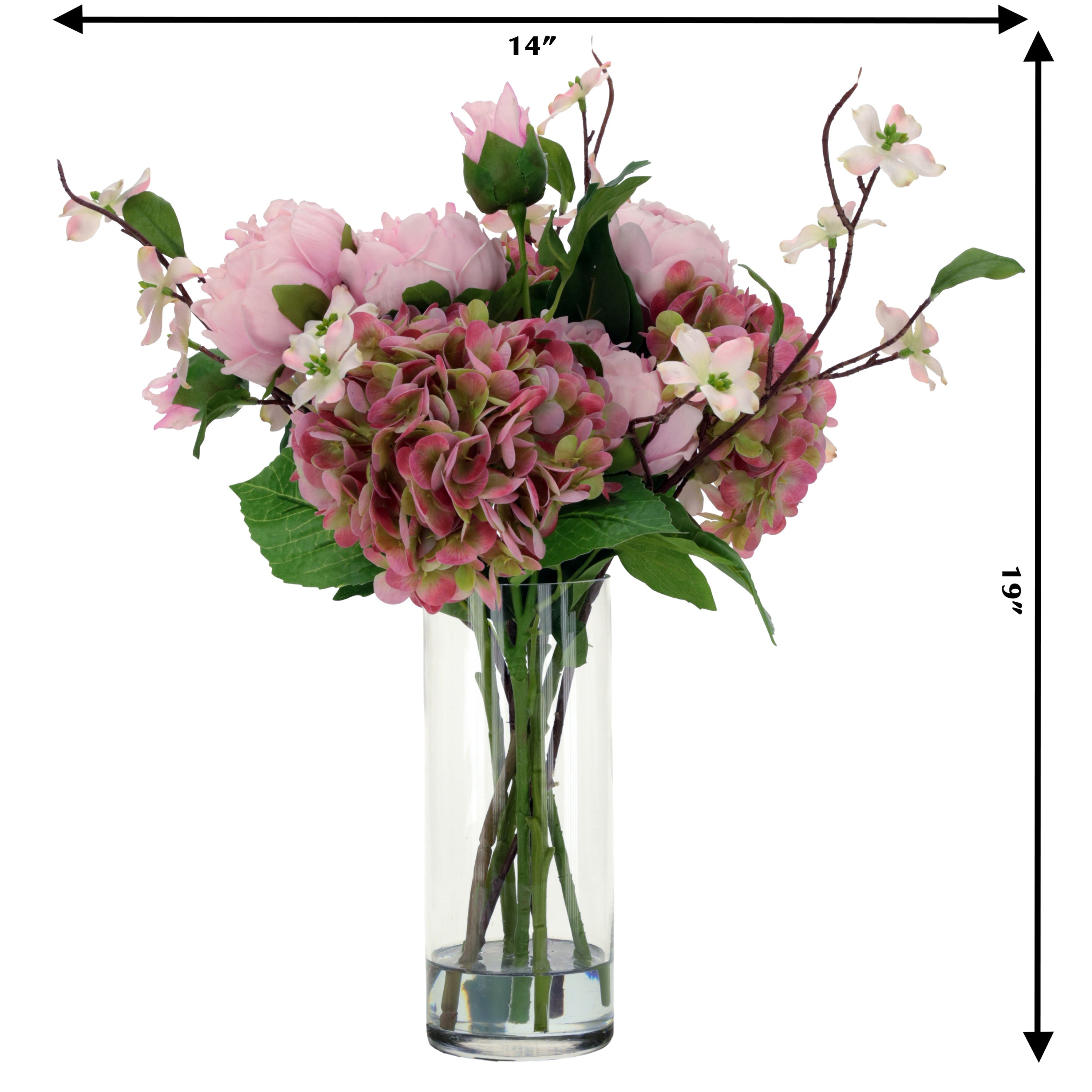 Pink Peony and Hydrangea Bouquet Arrangement in Glass Vase 19 Inches